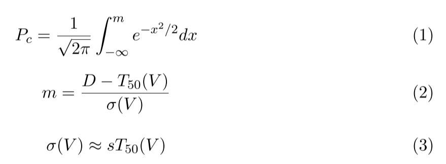 equations 1-3 defining P, m, and sigma