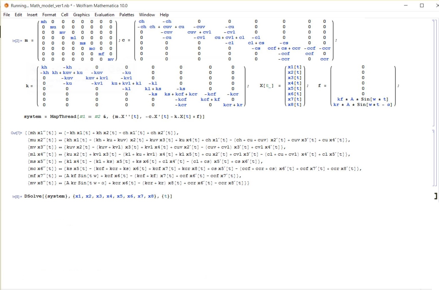 Image shows the Matrices of the coefficients of the second order differential equation to be solved