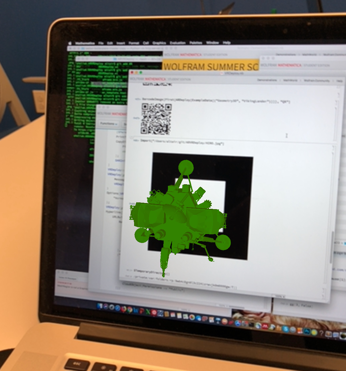 The Viking Lander 3D model, taken from Mathematica Example data, visualized attached to a marker on a laptop screen.