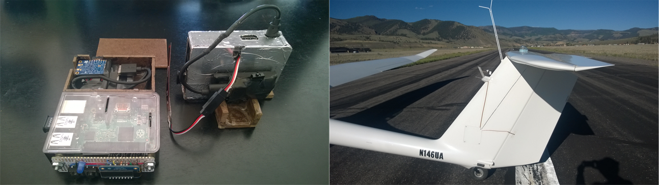 Left: Prototype Pi and sensor setup.  Right: ILOCI attached to a small plane for a test flight.