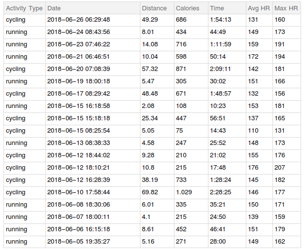 Spreadsheet of activity data