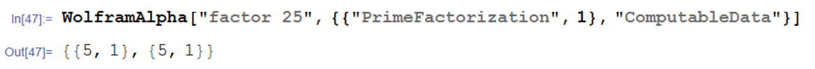 Extract of the Wolfram|Alpha result for the prime factorization of 25 as computable data