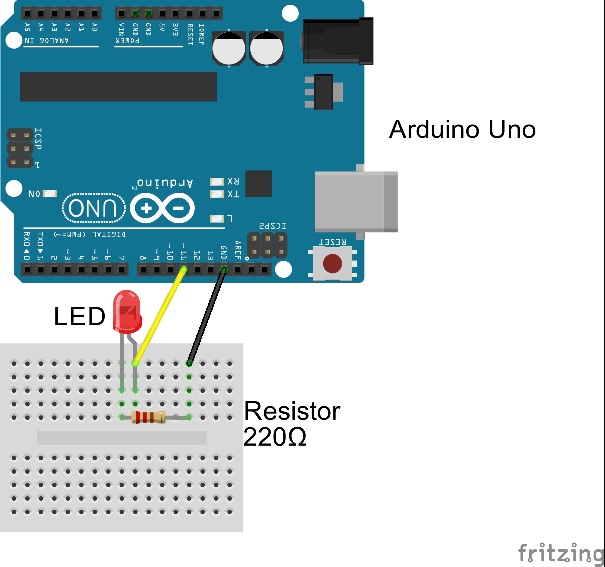 Fritzing diagram of LED attached to Arduino