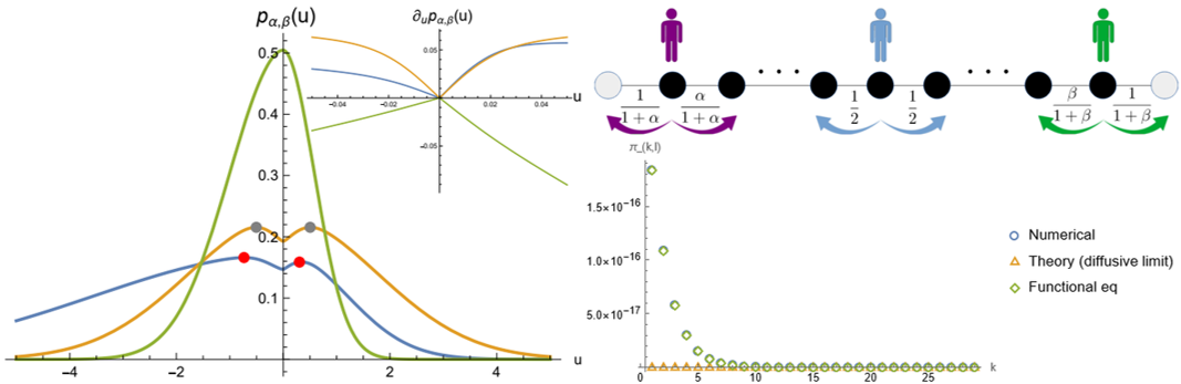 sketch of once-reinforced random walker model for self-attracting walk and plot of its scaling function of the propagat