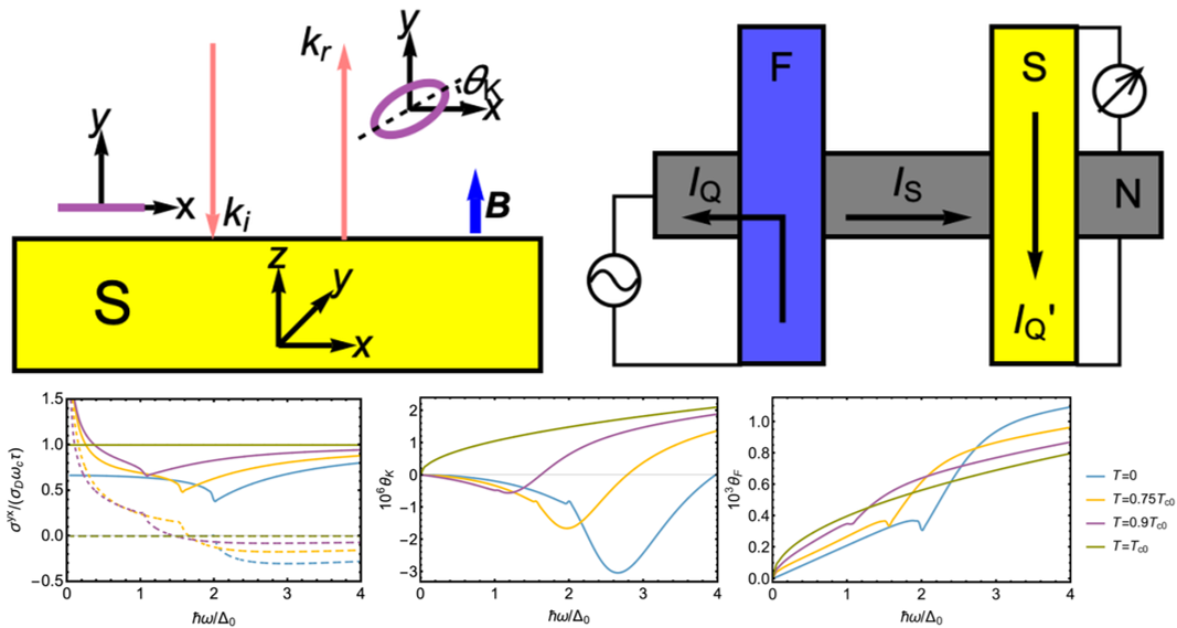 Proposed setup for the measurement of the Hall effect. Materials subjected to a magnetic field show circular birefringence, i.e. left and right polarized light waves propagate with different velocities. Below is Hall response of a superconductor for different temperatures.