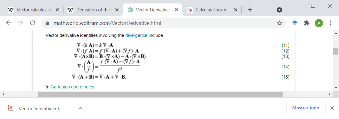 Divergence identities from wolfram mathworld