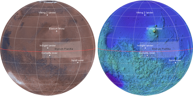 Satellite image and topography of Mars showing InSight landing site and surrounding features and probes