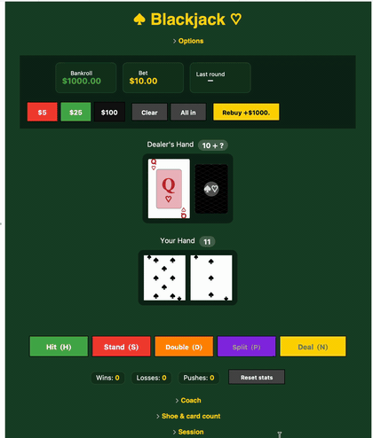 Blackjack: A complete casino game, a basic-strategy coach, & Monte-Carlo expected-value estimator