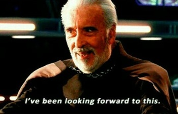 A still from Star Wars: Revenge of the Sith with the character Count Dooku saying: 