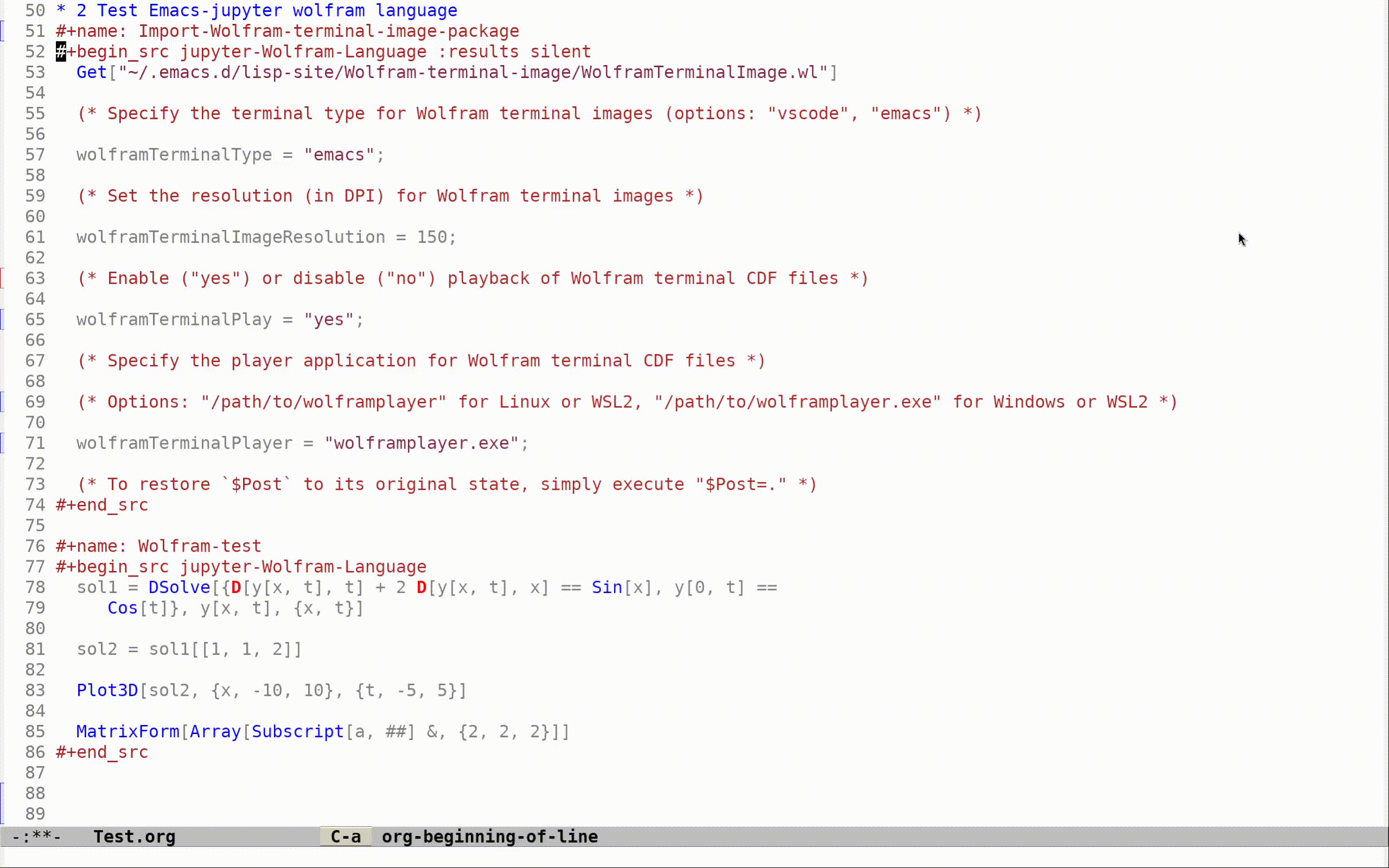 Testing wolfram mathematica in emacs org mode