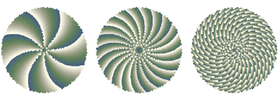 Number theory neat examples (set 1): primes, Klauber triangle, Ulam spiral, sunflower seed spirals