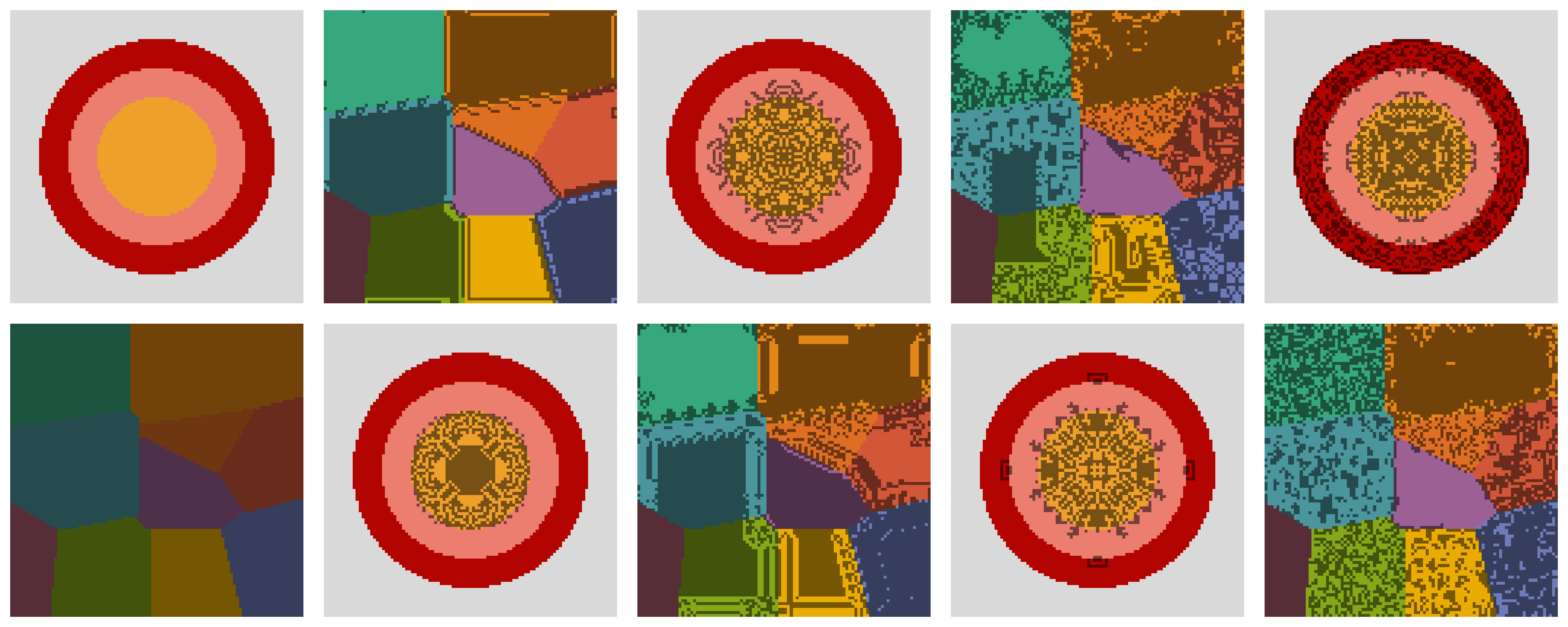 Collage of frames from two coexisting CA simulations