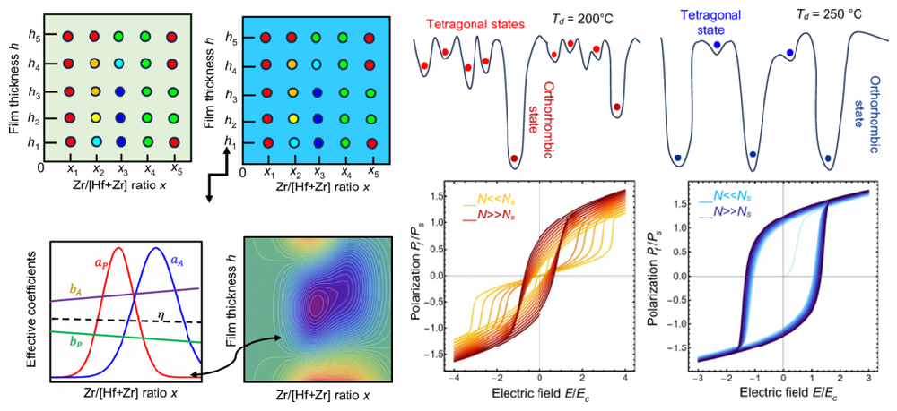 Left: Schematic illustration of the determination of the effective Landau coefficients from the limited number experimental hysteresis loops. Right: Polarization-field dependences calculated for a 10-nm Hf0.5Zr0.5O2 film deposited on the same substrate at lower and higher deposition temperatures