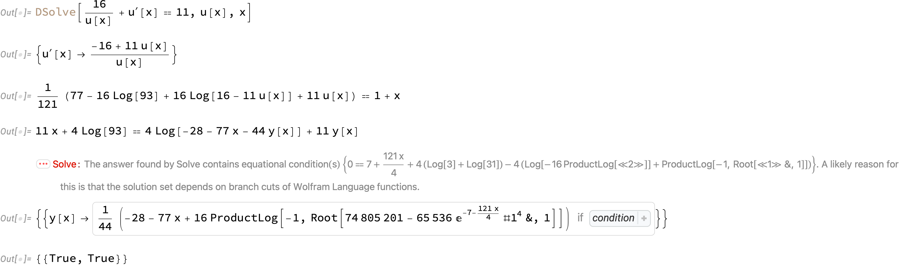 Five lines of output of code, plus a warning message from Solve