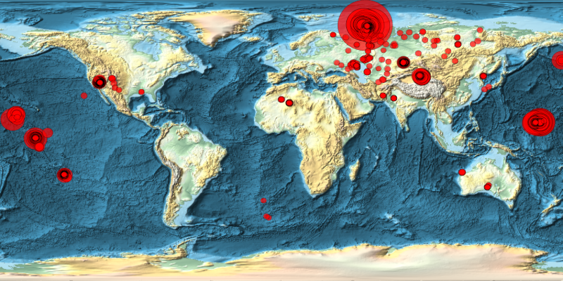 Location of known nuclear explosions across the world