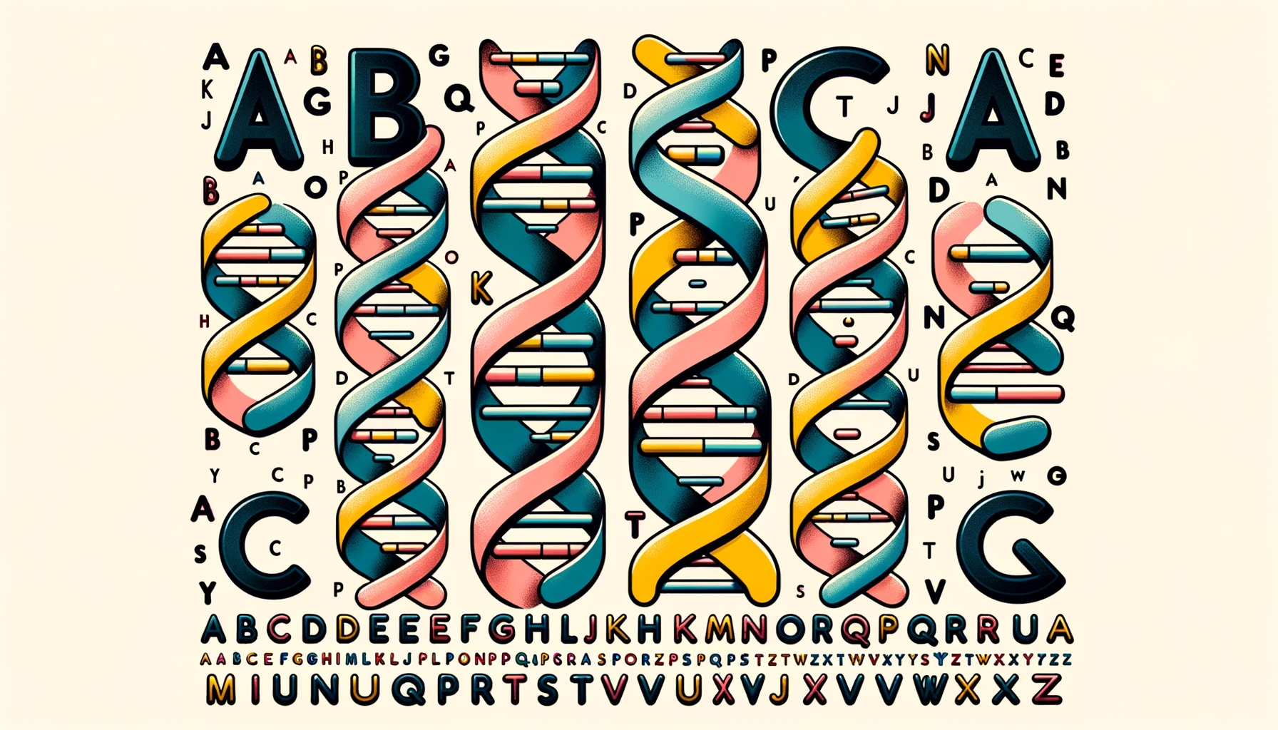 An illustration comparing alphabets from a foreign language with DNA nucleotides.