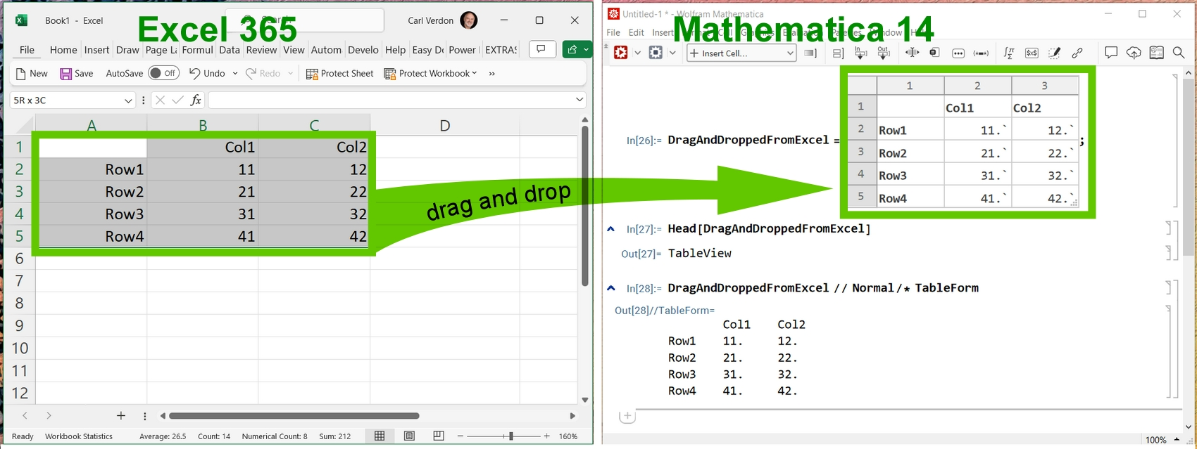 image illustrating drag and drop of data from Excel to Mathematica