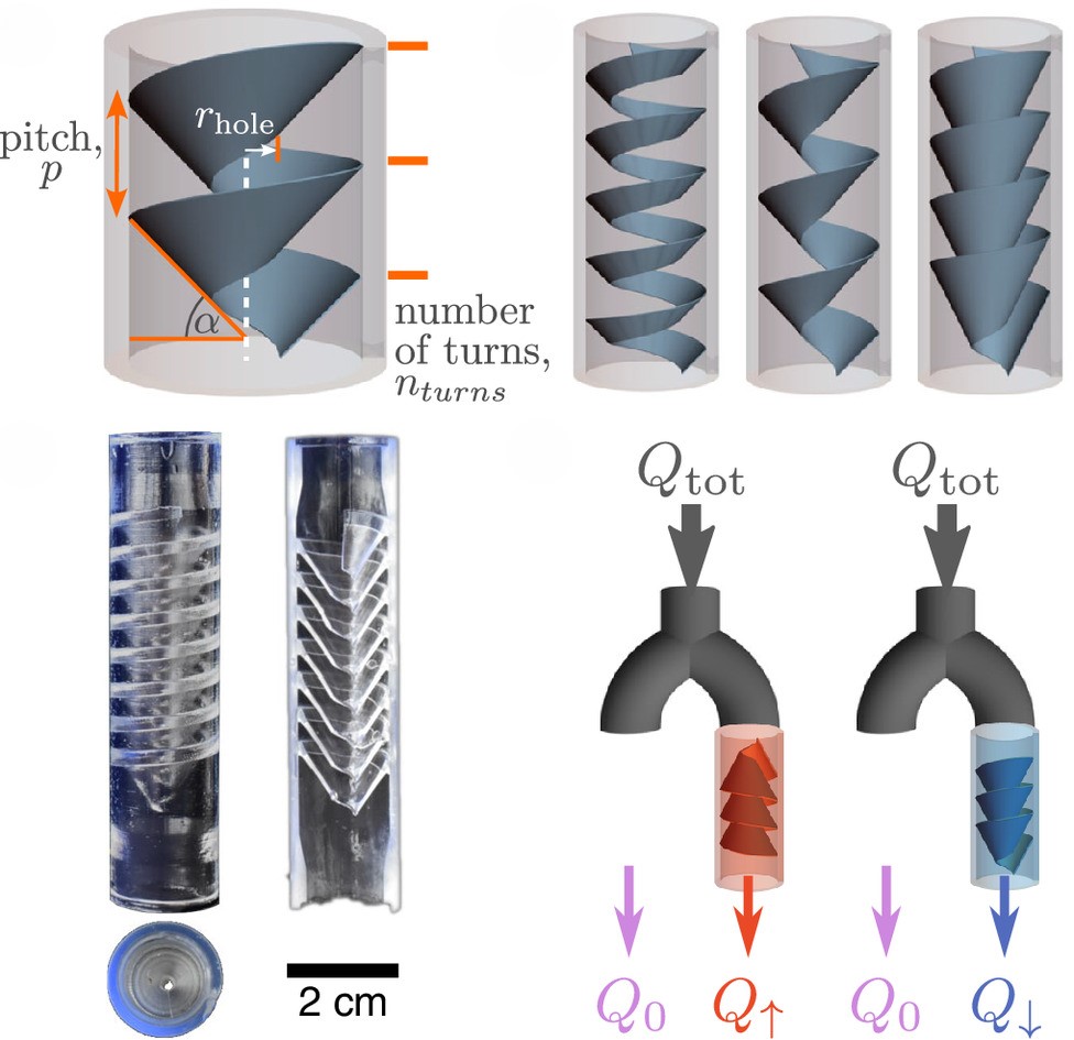 Designing, printing, and evaluating biomimetic helical pipes. Asymmetric fluid flow in helical pipes inspired by shark intestines