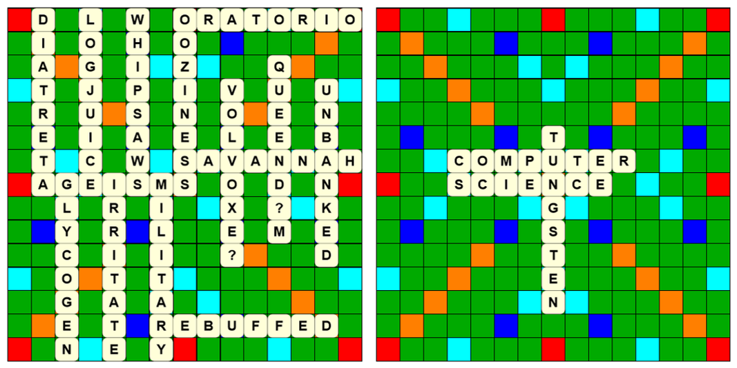 Perfect scrabble game: all-bingo moves, max score, max tiles, randomized algorithmic search