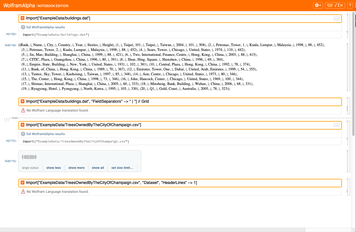 Notebook showing failed example code snippets