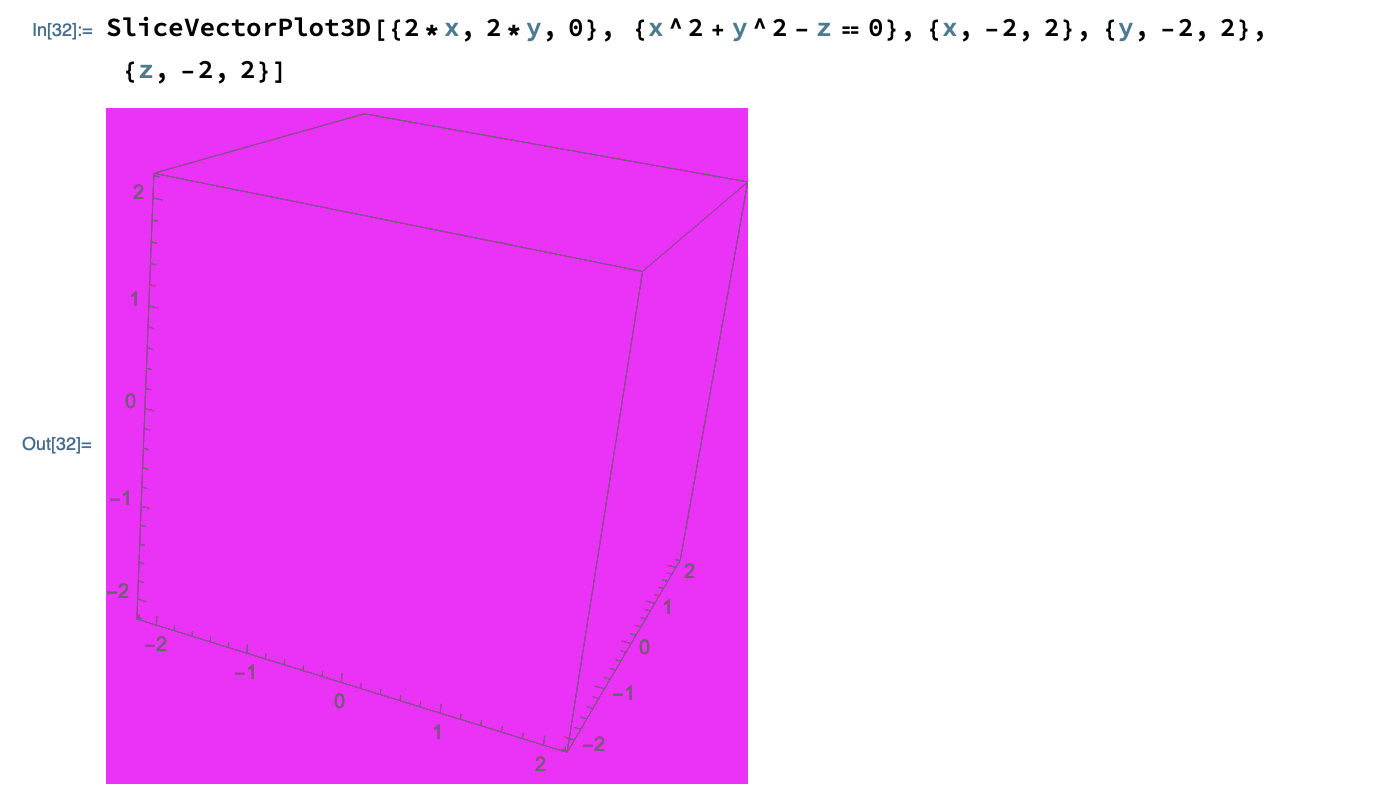 When I execute the SliceVectorPlot3D command, I get an output as shown below. I cannot see the surface, and it's entirely purple for some reason. This is the only running line in the Notebook. However, when I move around the axes with my cursor or interact with the output,  I am able to see the surface clearly and accurately. Why is the purple colour showing? How do I fix it? 