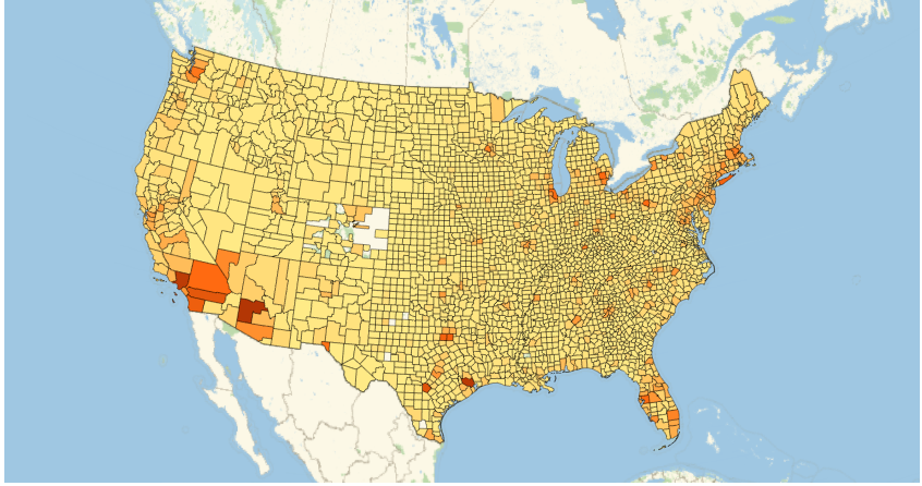 An image displaying 1-mile radius food deserts in the USA at varying magnitudes