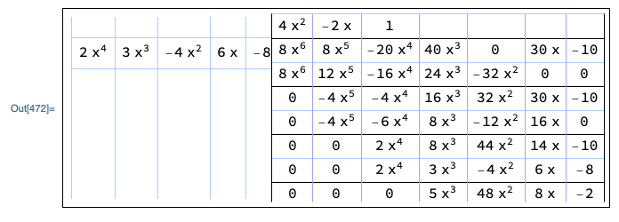 A screenshot of the table for polynomial long division. Polynomials are entered as globals at the top of the notebook file.