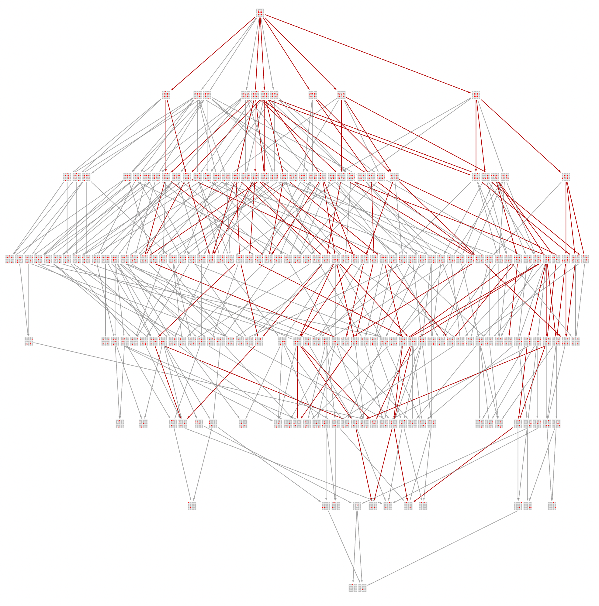 Multiway graph of a 5 by 5 board with the moves that are possible on a 4 by 4 with two sides copped of highlighted 