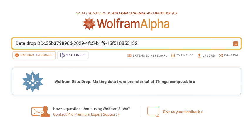 Screenshot of WolframAlpha showing an ad link for Data Drop instead of an analysis of the data in the Databin