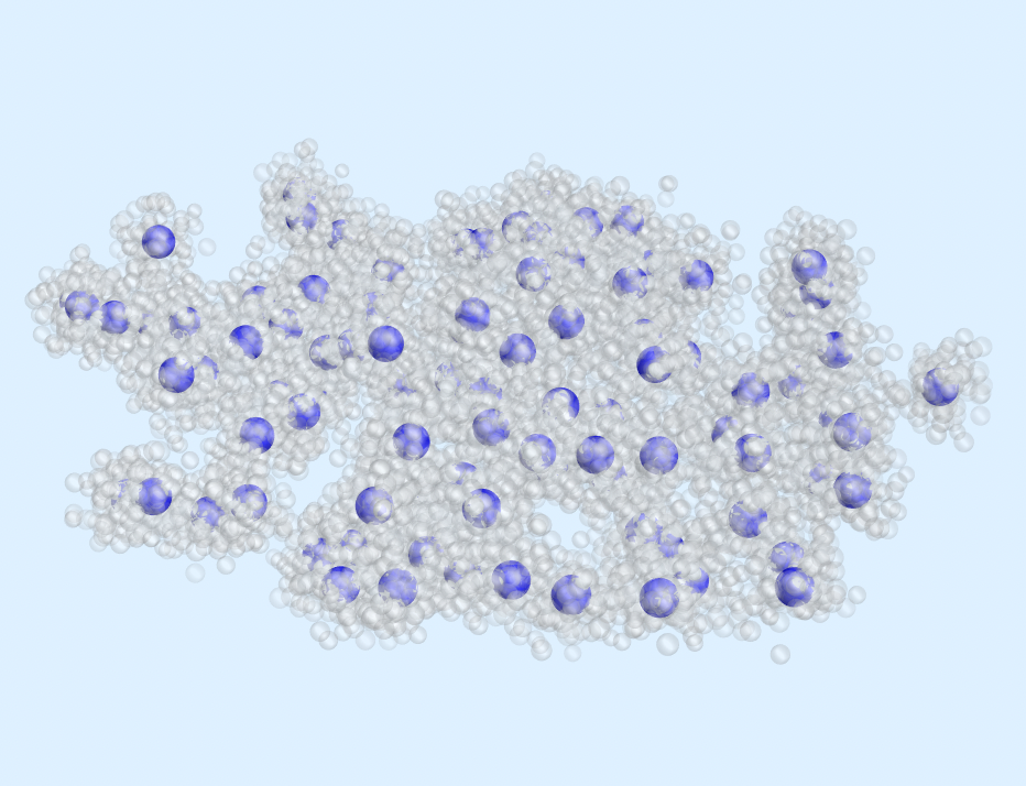 A visual representation of cloud seeding, where the blue molecules represent Cloud Condensation Nuclei attracting water molecules
