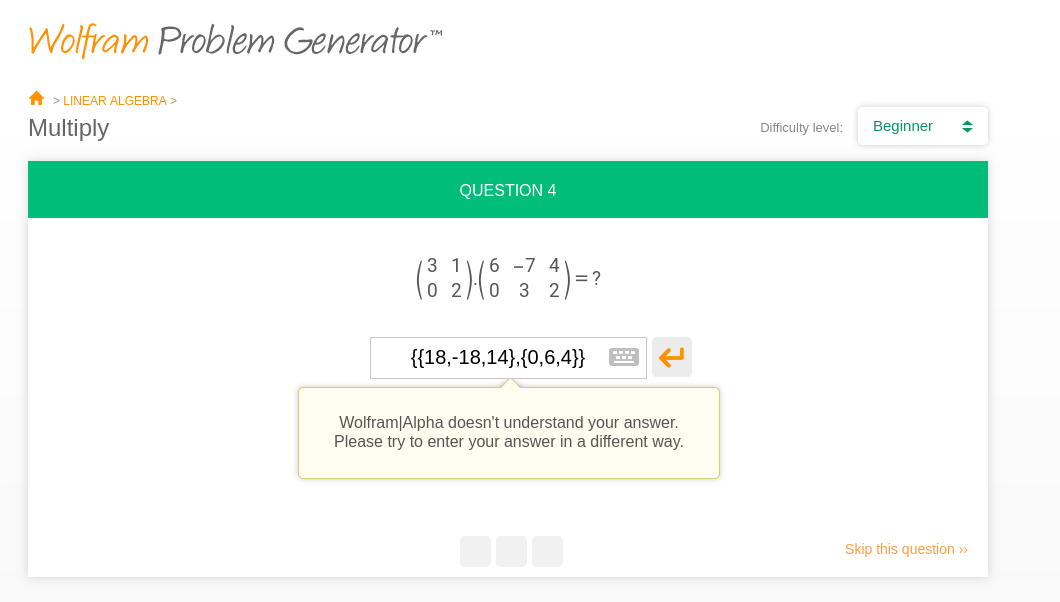 Wolfram Problem Generator not able to parse matrices