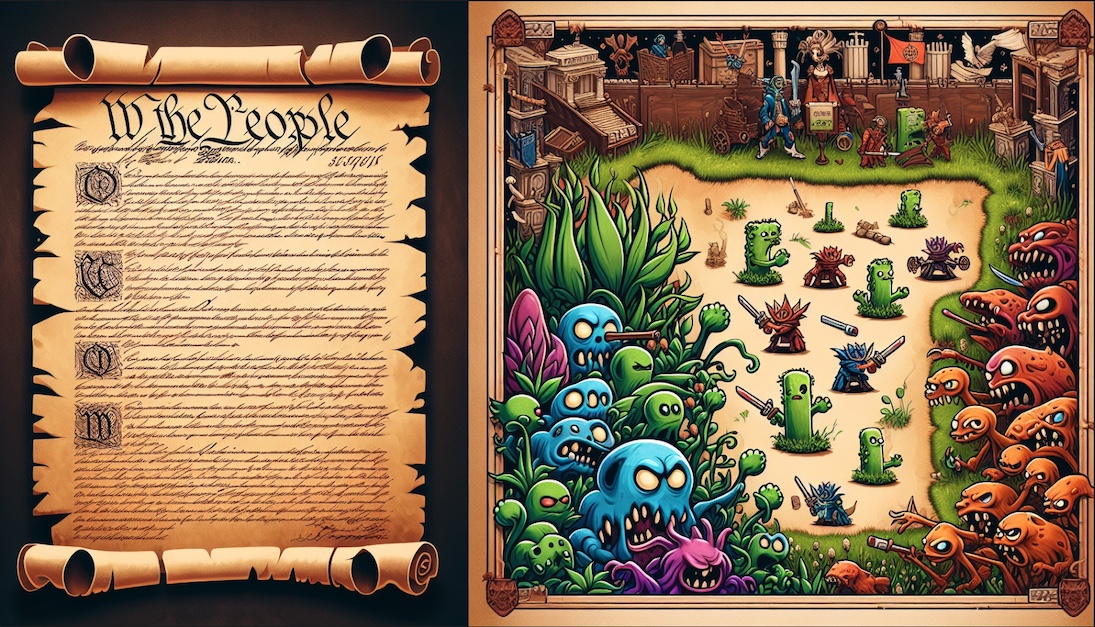 US Constitution elements explained in Plants vs Zombies terms with large language model (LLM)