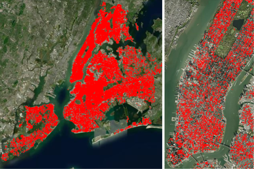 Rat geographic location coordinates plotted on satellite map of NYC