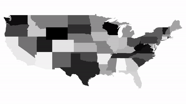 <em>A visualisation of 500 iterations on a map of contiguous US states