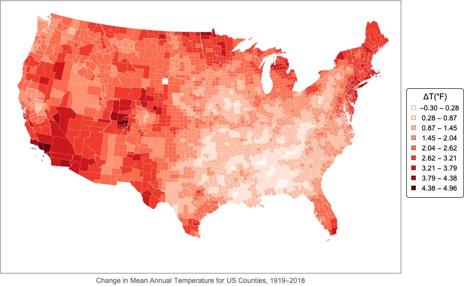 US County century-scale climate change
