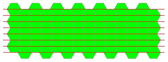 hexagon grid with some of the hexagons' edges horizontal with horizontal lines through the hexagons' centers