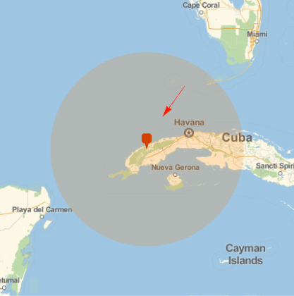 Area within view of the Cuba meteor explosion
