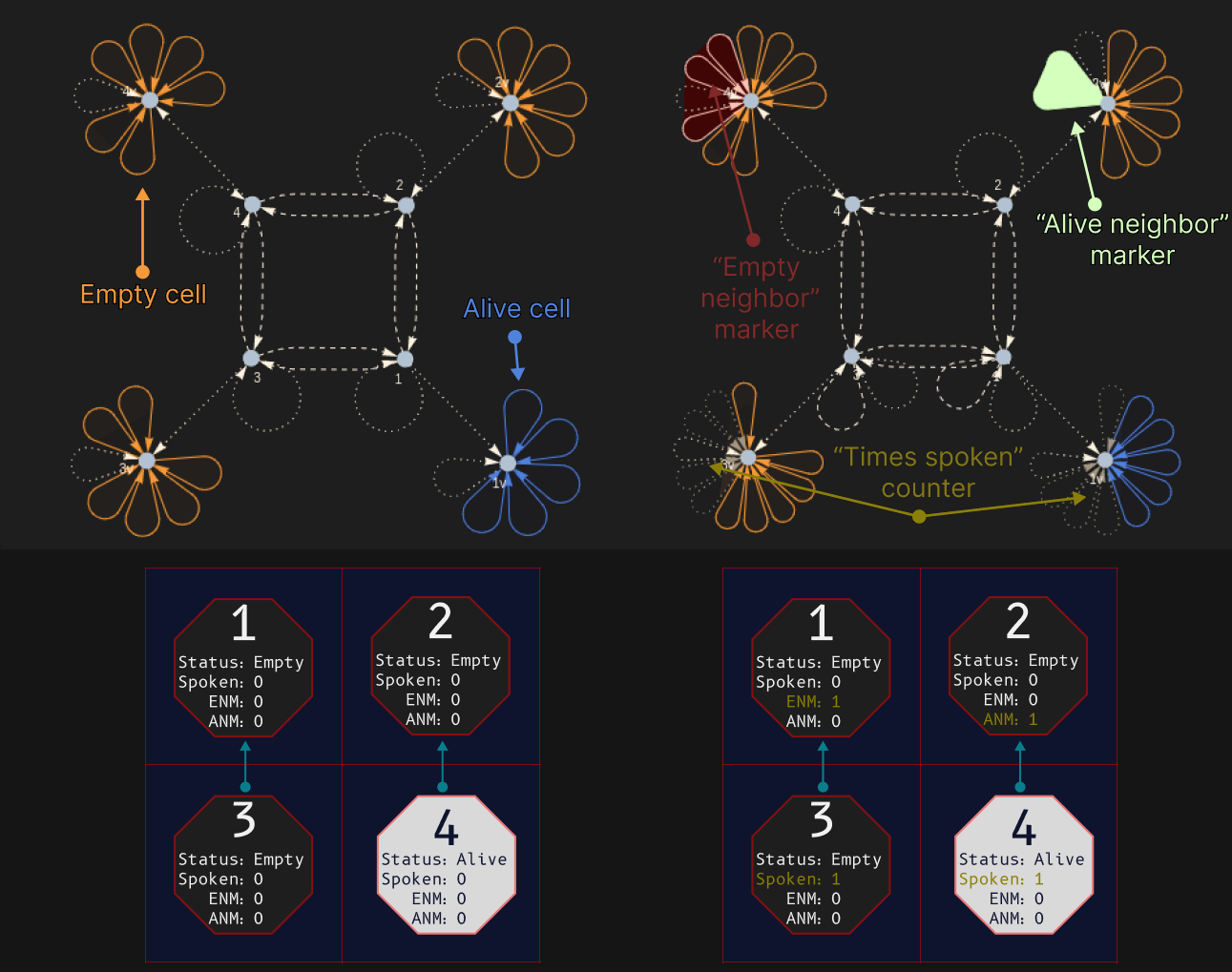 Opening illustration: a hypergraph and a cellular representations of Game of Life