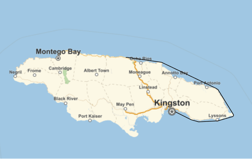 Shortest path between two points on Jamaica's coastline
