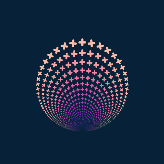 Plus symbols in a gradient ranging from yellow to dark purple being parallel translated around equidistant horocycles, which appear as a collection of circles which are all tangent at a single point