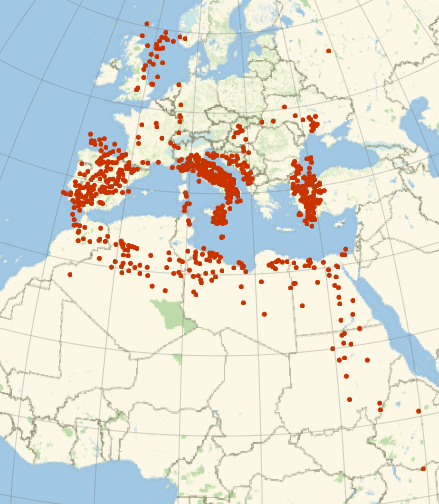 Map of cities described by Ptolemy in his geography