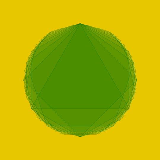 Rotating regular polygons in translucent green on a yellow background