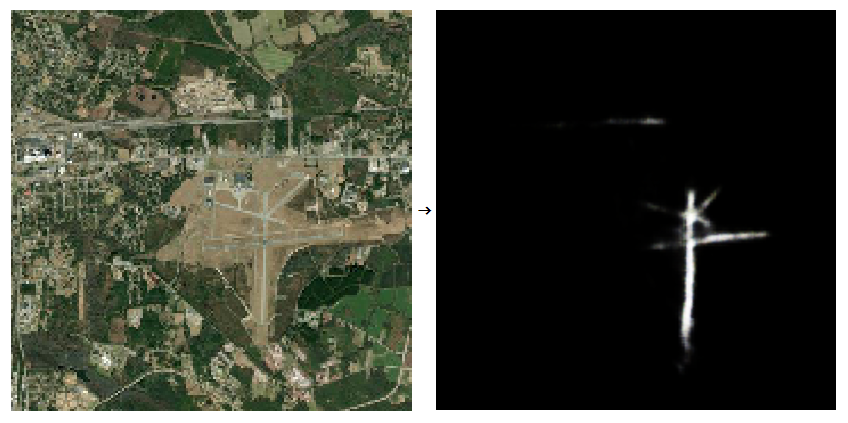 a satellite image and the runway identified by the neural network