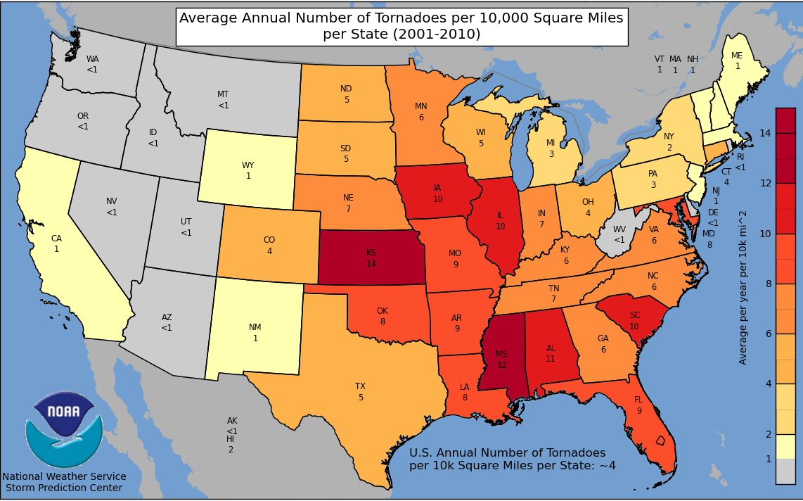 Tornadoes per Square Mile by State