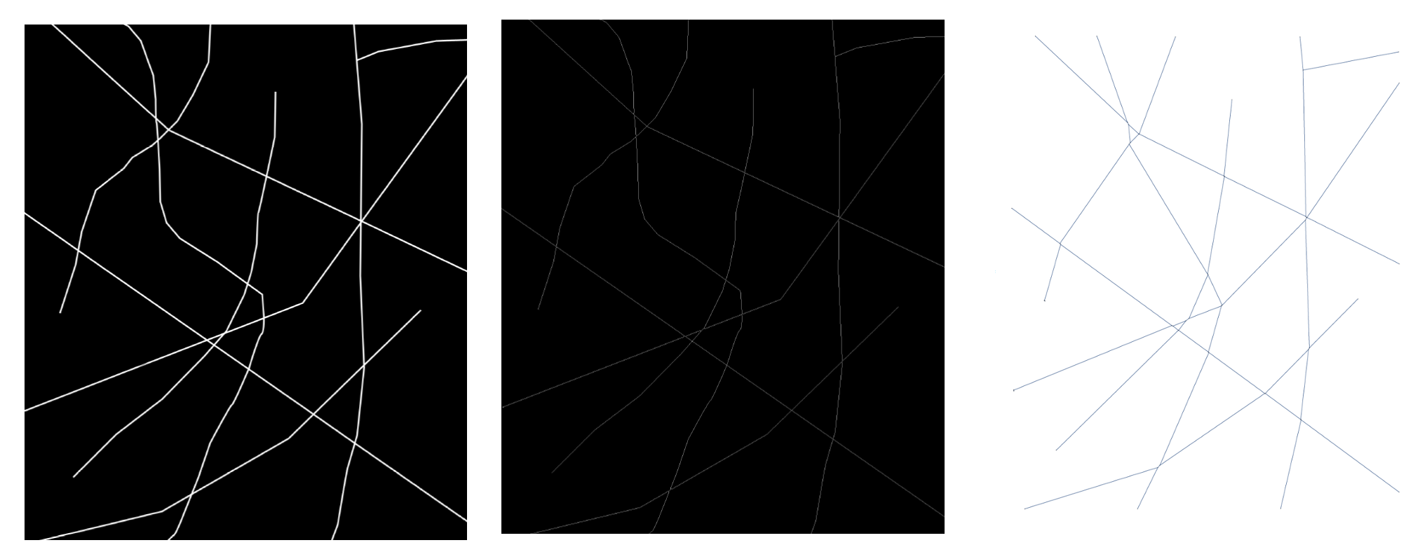 From left to right: initial picture, picture after thinning, converting it to graph