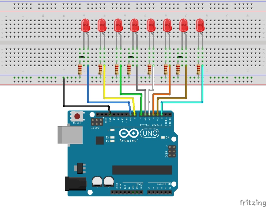 Fritzing diagram of Arduino hooked up to 8 LEDs