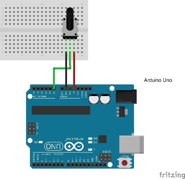 Fritzing diagram of Arduino hooked up to a potentiometer
