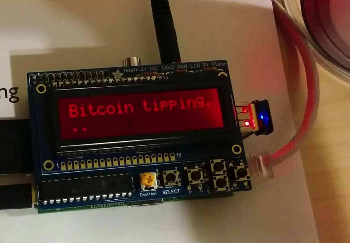 Picture of the Raspberry Pi running the Bitcoin tipping software
