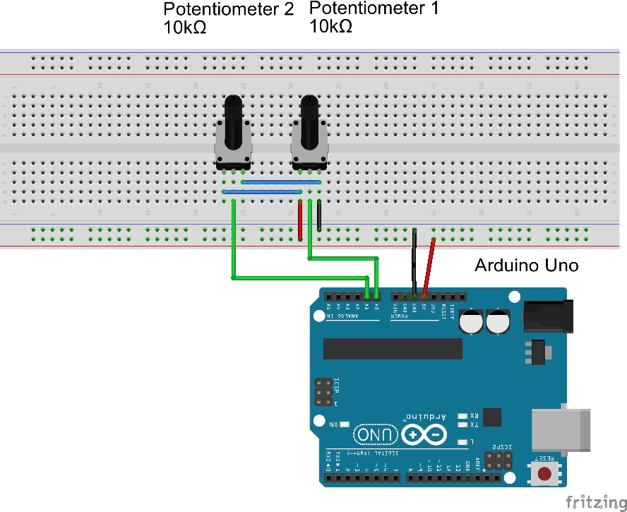 Fritzing diagram of two Potentiometers attached to an Arduino